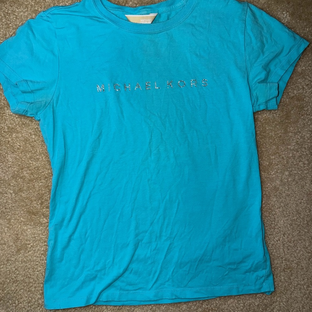 Michael Kors Turquoise Blue Rhinestone Logo Tee